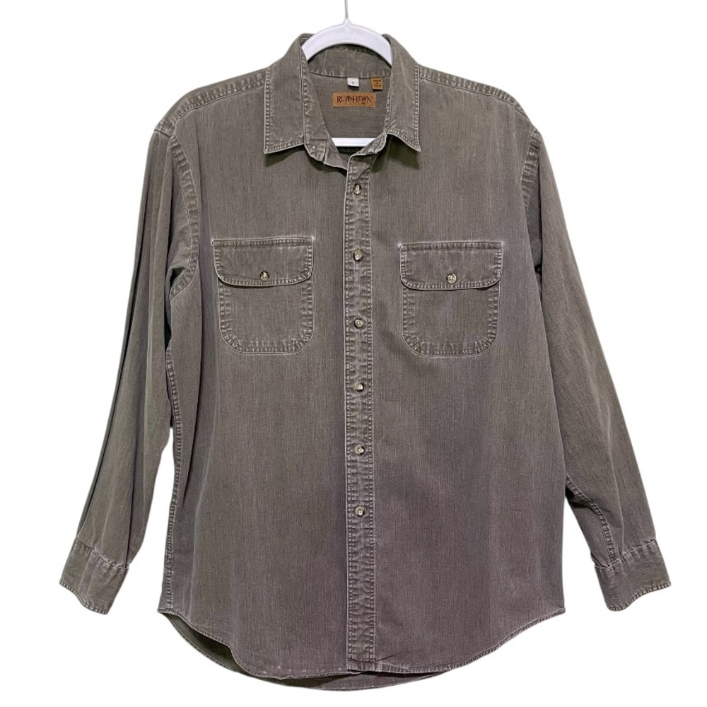 Ruff Hewn Button Down Shirt 100% Cotton Long Sleeve Pockets Taupe Brown Men L